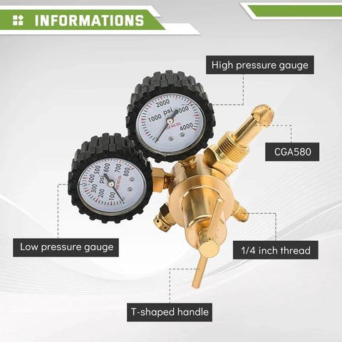 Nitrogen Regulator With 0 To 800 PSI Delivery Pressure And Dual Gauges, CGA580 Inlet, One Quarter Inch Male Flare Outlet, Forged Brass Construction