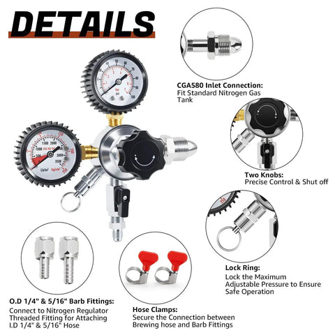 Nitrogen Regulator For Keg And Kegerator With Dual Gauges CGA 580 0 To 100 PSI Output And 0 To 3500 PSI Input Pro Grade Home Brewing Nitro Draft System details with connectors and fittings.