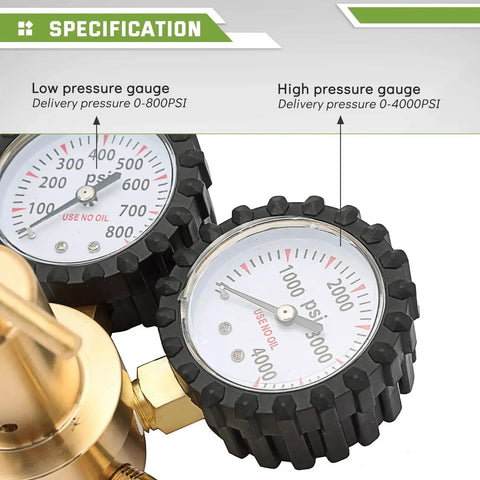 Close-up of Nitrogen Regulator With 0 To 800 PSI Delivery Pressure And Dual Gauges, showing low and high pressure gauge details.