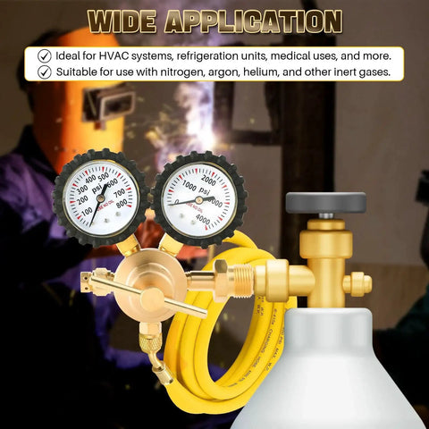 Nitrogen Gas Regulator With Zero To Eight Hundred PSI Delivery Range One Quarter Inch Male Outlet CGA580 Inlet Brass Inlet And Outlet Connections Gauges And Six And A Half Feet Refrigeration Hose For HVAC Purge Dasbet shown in use with dual gauges and yellow hose in HVAC setup
