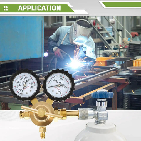 Nitrogen Regulator With 0 To 800 PSI Delivery Pressure And Dual Gauges, CGA580 Inlet, in workshop application with welding.