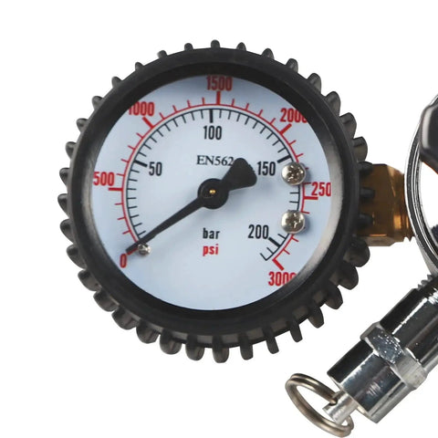 Close-up of gauge on All In One Draft Beer Nitrogen Regulator With Dual Gauges For Keg Systems CGA 580 Compatible showing pressure levels.