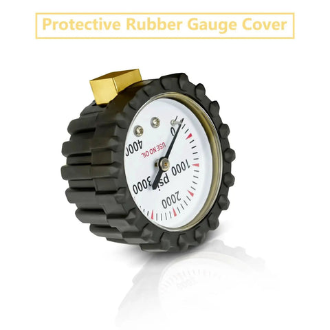 Close-up of nitrogen regulator gauge with protective rubber cover and brass connector, used for precise 0-600 PSI gas control.