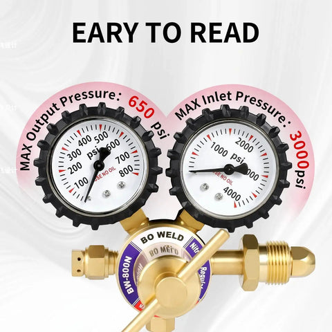 Close-up of Beefed Up Nitrogen Regulator For Welding And Fabrication With 0 To 4000 PSI Input And 0 To 600 PSI Output, two inch gauges.