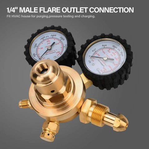 Close-up of Nitrogen Regulator With 0-600 PSI Delivery, focusing on 1/4 Inch Male Flare Outlet, dual gauges visible.