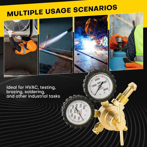 Heavy Duty Nitrogen Regulator For HVAC Purging And Pressure Charging With 0 To 800 PSI Range, Brass Body, Dual Gauges, CGA580 Inlet, Multiple Usage Scenarios