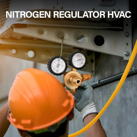 Technician using Nitrogen Regulator With 0-600 PSI Delivery, 60 Inch Hose, CGA580 Inlet, 1/4 Inch Male Flare Outlet in HVAC setting
