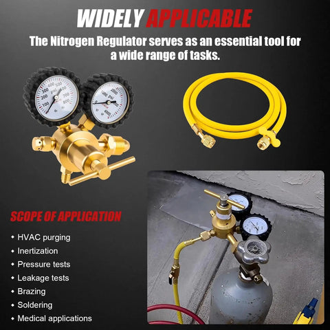Nitrogen Regulator For HVAC Pressure Testing With 0 to 800 PSI Delivery And 1 Quarter Inch Male Flare Outlet, 78.7 Inch Hose, Brass CGA580 Inlet, Perfect For AC Leak Checks And Precise Nitrogen Delivery For Pros Siasky, shown with gauges and yellow hose.