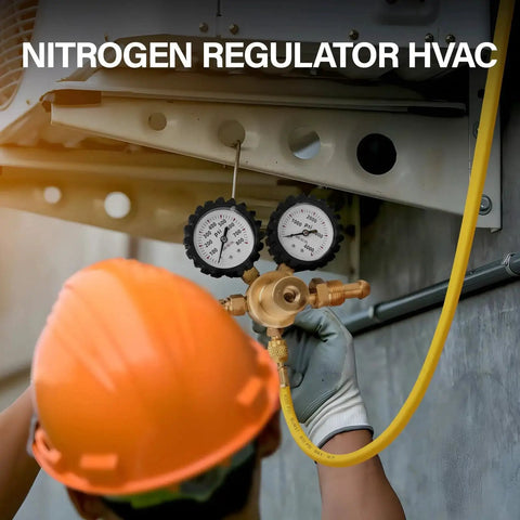 Pro Nitrogen Regulator With 0 To 800 PSI Delivery Pressure, 60 Inch Hose, CGA580 Inlet shown in use for HVAC testing.