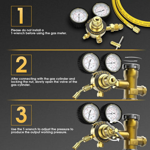 Instructional guide for Nitrogen Regulator With Six Foot Seven Inch Hose For TIG MIG Welding CGA580 Inlet Connection setup.