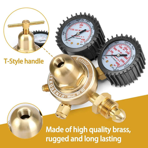 Nitrogen Regulator Kit With A 78.7 Inch Hose for Soldering, showing dual gauges and brass construction fittings.