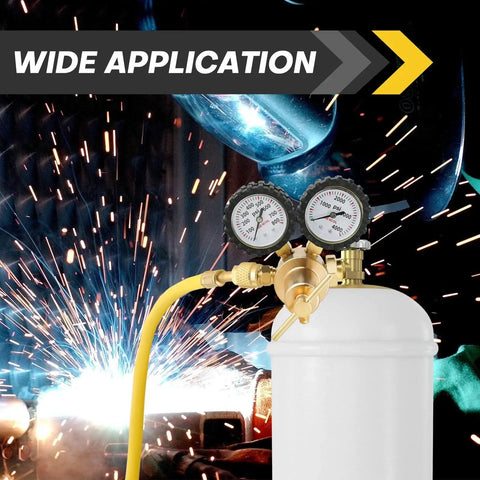 Nitrogen Regulator Kit With Dual Gauges For HVAC And Refrigeration Zero To Eight Hundred Psi Delivery, shown in use with welding