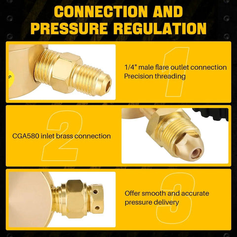 Premium Nitrogen Gas Regulator With Dual Gauges For HVAC Purging Brass Construction details of connections