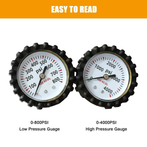 Close-up of two pressure gauges for Nitrogen Regulator With 6.6 Ft Hose, 0 to 800 PSI Outlet, showing low and high pressure readings.