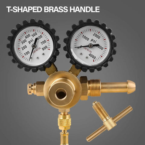 Pro Nitrogen Regulator With 0 To 800 PSI Delivery Pressure, T-shaped brass handle, dual gauge view, ideal for HVAC and inert gas use