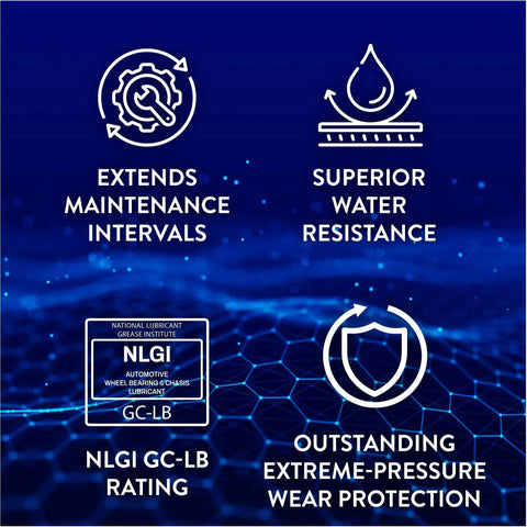 Infographic showing benefits of "Ultra Heavy Duty Red Grease 14 Oz Tubes 10 Pack Waterproof High Temp Lubricant for Metal Surfaces NLGI 2"