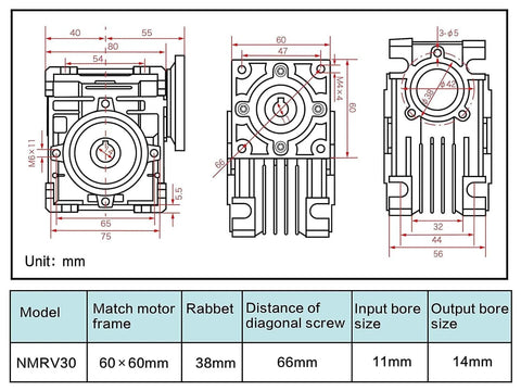 Technical diagram of ✝️ Worm Gear Reducer 60 mm Shaft Size 1-Pack Nmrv030 showing dimensions and specifications for industrial use.