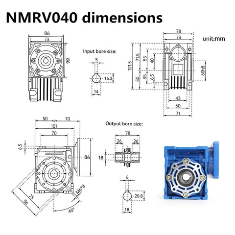 ✝️ Worm Gear Reducer 86 mm Shaft Size 1-Pack Nmrv040 Worm Gearbox Speed with technical dimensions and specifications displayed.
