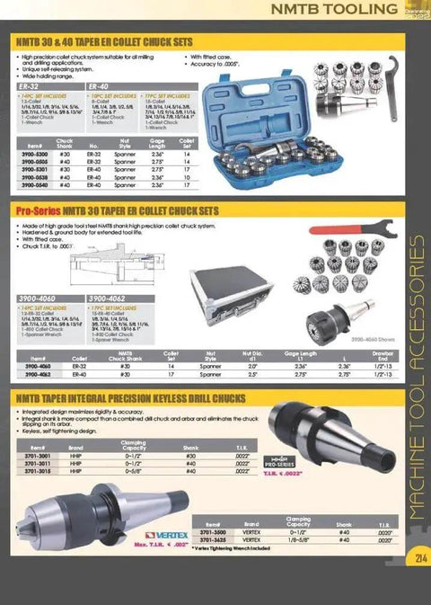 Catalog page showing NMTB tooling, collet chuck sets, and precision keyless drill chucks with specifications and images.