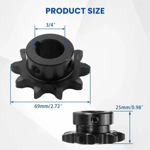 No 50 Roller Chain Sprocket Type B, 10 teeth, 5/8 inch pitch, 3/4 inch bore, durable steel, side and top view with dimensions.