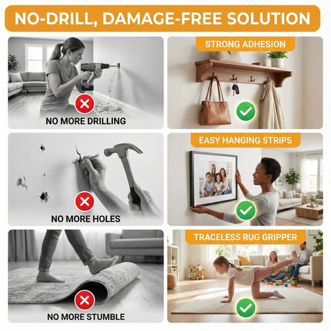 Graphic showing no-drill, damage-free mounting solutions with heavy duty double sided tape featuring easy peel and stick strips.