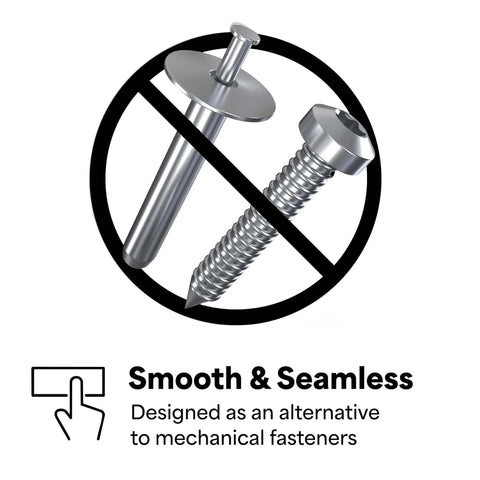An illustration showing a crossed-out screw and rivet, highlighting Clear VHB Heavy Duty Mounting Tape Circles 1 Inch Diameter Pack Of 5 Double Sided Permanent Adhesive High Strength Long Lasting Bond For Transparent Surfaces No Drilling Needed Nearly Invisible Fastening as an alternative.