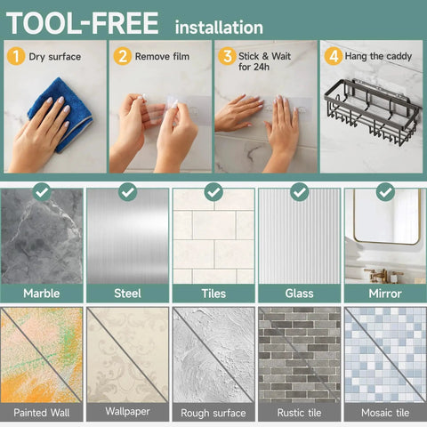 Installation steps for rustproof shower caddy set with no-drill adhesive mounts on various wall surfaces.