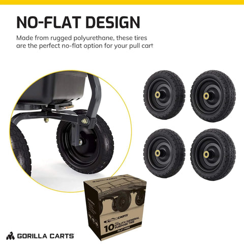 4-pack 10 inch no-flat replacement tires, 300 lb capacity each – solid polyurethane, 2.16” hub, 5/8” bore with utility wagon view