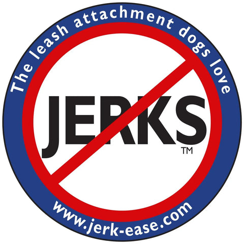 Patented bungee leash extension delivers cushioned shock absorption for you and your dog, no jerks symbol on circular logo.