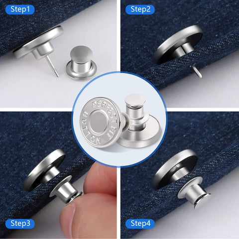 12 Pack No Sew Jeans Button Kit With Snap Tacks For Instant Replacement, showing metal button fasteners being applied to denim.