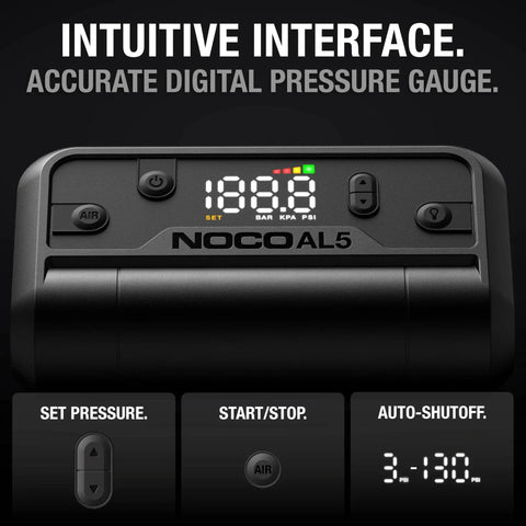 Air AL5 Cordless Tire Inflator With 5A Battery Power showing digital display and controls for auto shutoff and pressure settings.