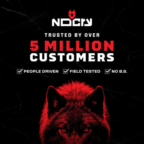 Black and red graphic with wolf illustration, bold text "Trusted by over 5 million customers," check marks for people driven, field tested, no B.S.
