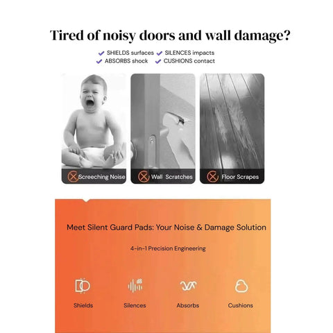 Product advertisement showing features of heavy duty cabinet door bumpers set with various impact and noise reduction claims.