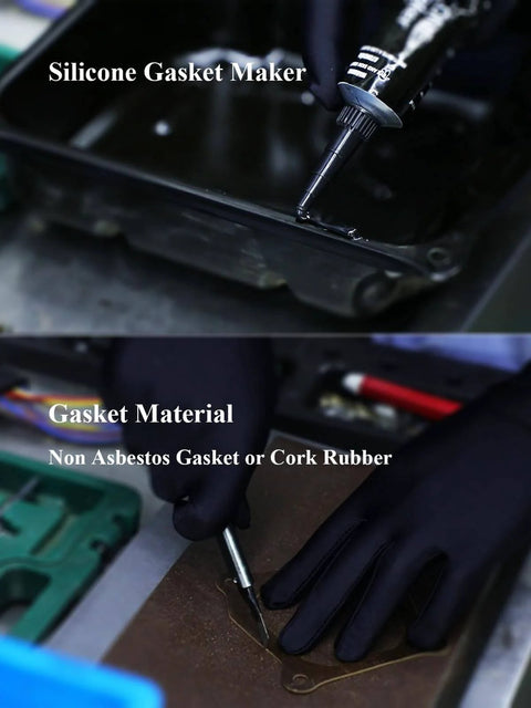 Non Asbestos Gasket Material And RTV Gasket Maker Silicone Sealant Kit 3 Oz for waterproof gasketing, shown in use.