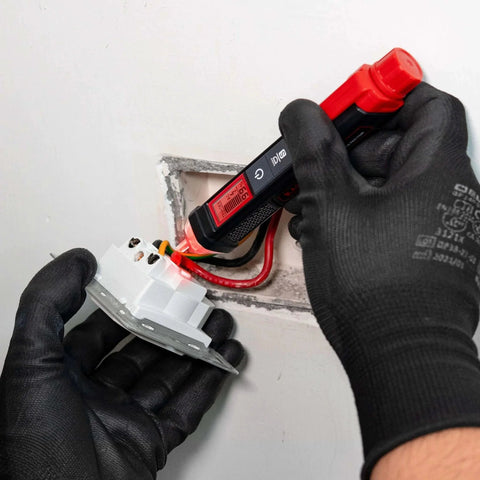 Electrician uses Voltage Tester/Non-Contact Voltage Tester with Signal Percentage to test electrical wires in wall socket.