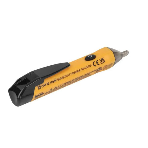 Non Contact Voltage Tester NCVT1P Handheld 50 To 1000 Volt AC Detection with pocket clip, yellow casing, close-up view.