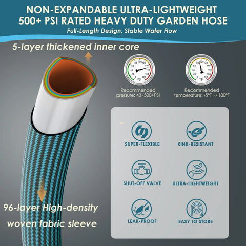 Amazon FlexiSolve NON-EXPANDABLE garden hose, 150 ft ultra-lightweight 5-layer core with woven sleeve 10-pattern nozzle