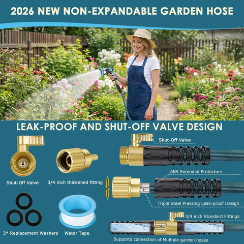 Non-expandable garden hose 150 ft, blue reinforced hose with brass fittings and 10-pattern nozzle, shown in a garden.