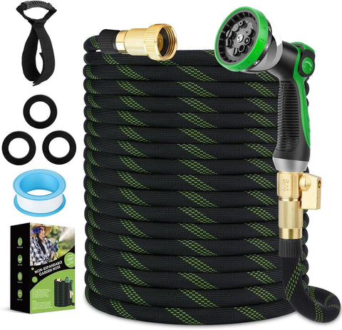 Non Expandable Garden Hose 150 Ft Ultra Lightweight And Flexible Water Hose With 10 Pattern Spray Nozzle shown coiled with attachments.