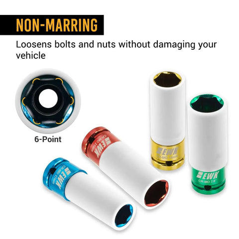 Colorful non-marring deep impact sockets from the 8-Piece 1/2" Drive Torque Limiting Extension Stick Set with 6-point design