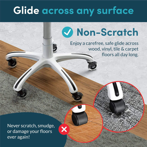 Office chair caster wheels on hard and carpeted surfaces demonstrating non-scratch glide feature.