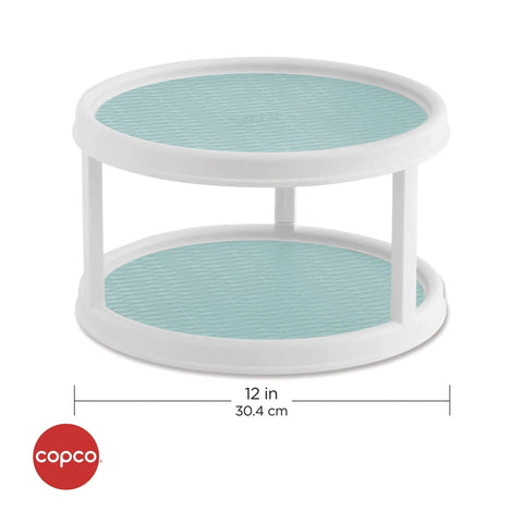 Non-Skid 2-Tier Turntable 12-Inch Lazy Susan Organizer with nonskid liner and raised rim, ideal for kitchens and pantries