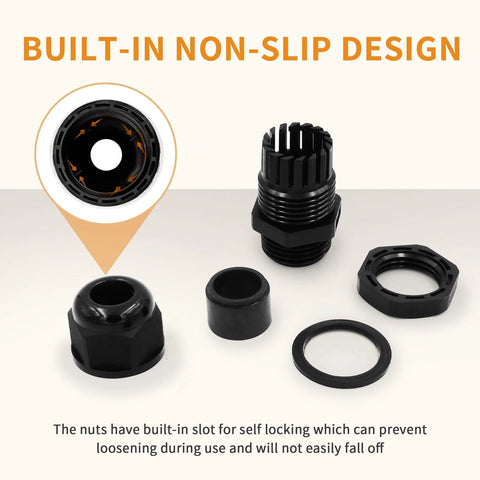 Waterproof Cable Gland Set Nylon NPT Adjustable 4 To 25 Mm shown with non-slip design and parts