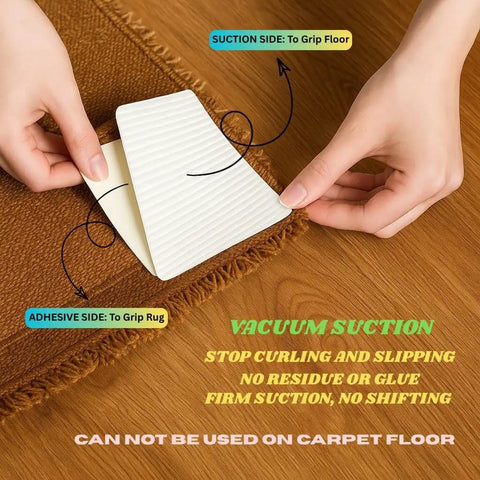 Close-up of a person installing Non Slip Vacuum Tech Rug Grippers on hardwood floor, showing adhesive and suction sides.