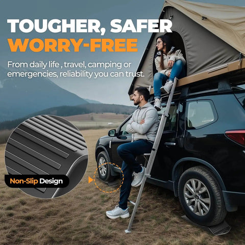 Man standing on non-slip design step ladder next to car with rooftop tent in outdoor setting