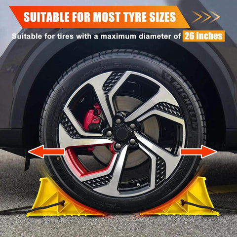 Car tire with 4 Pack Non Slip Wheel Chocks For RVs And Travel Trailers With Rope For Easy Removal Lightweight Plastic