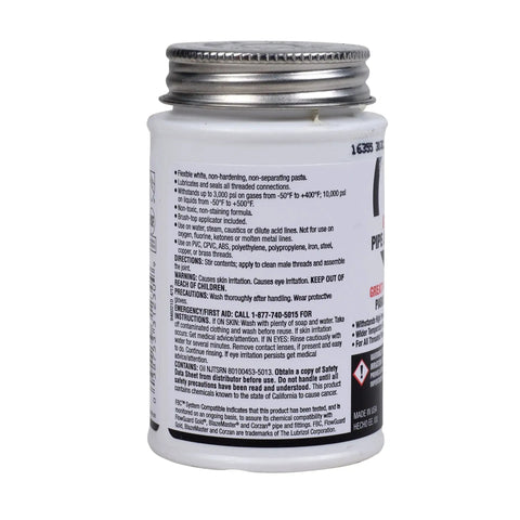 Non Toxic Non Hardening White Pipe Joint Compound for Threaded Joints, 4 oz container, Oatey, side view with label details