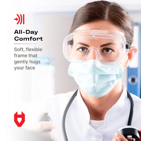 Front view of woman wearing Non-Vented Safety Lab Goggles With Anti-Fog Coating ANSI Z87.1 UV Protection OTG in lab setting