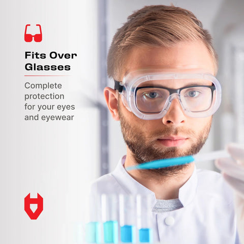 Person wearing Non-Vented Safety Lab Goggles With Anti-Fog Coating ANSI Z87.1 UV Protection OTG over prescription glasses in lab