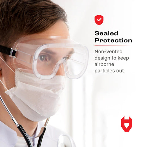 Non-Vented Safety Lab Goggles With Anti-Fog Coating ANSI Z87.1 UV Protection OTG worn by person in medical setting